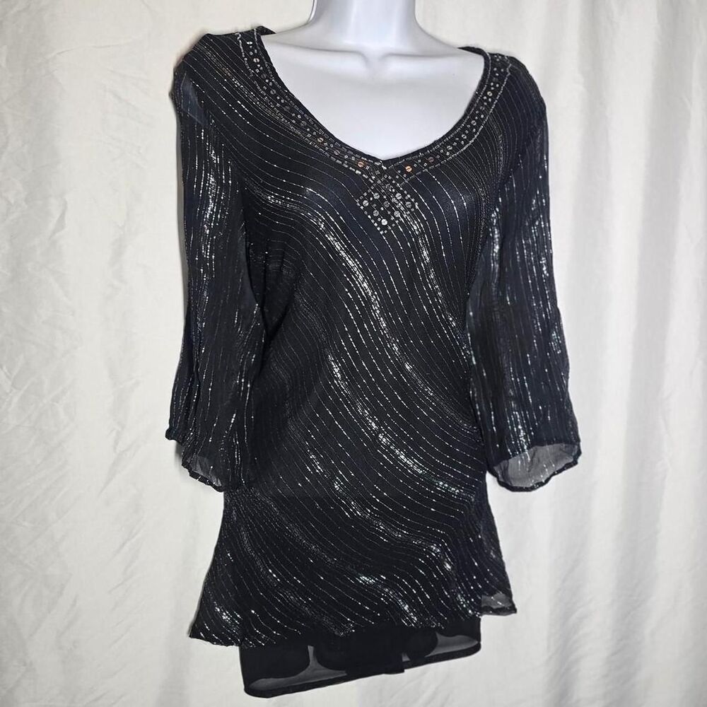 black with silver chiffon 3/4 sleeve vintage y2k boho whimsigoth silk top